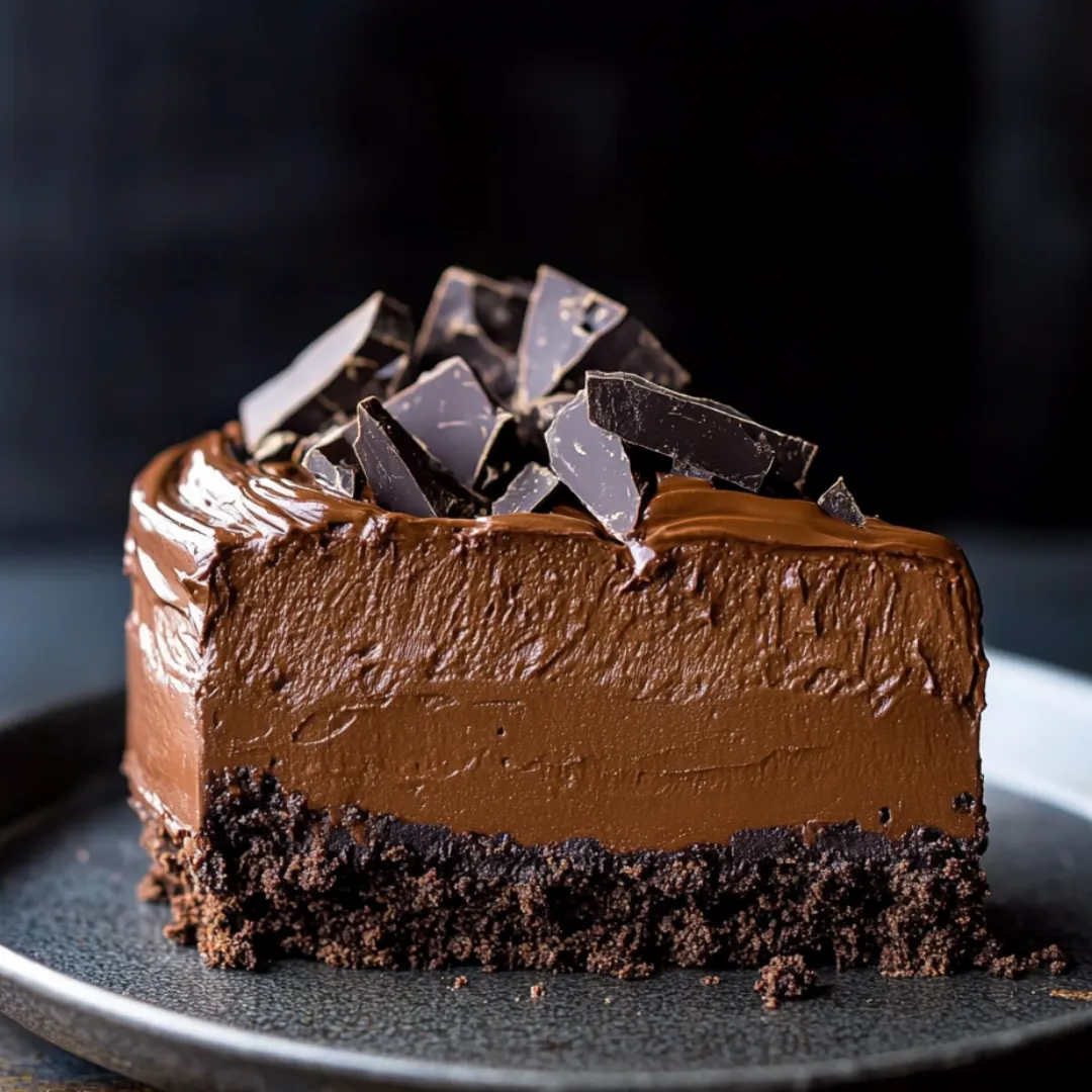 A slice of chocolate cake with chocolate chips on top.