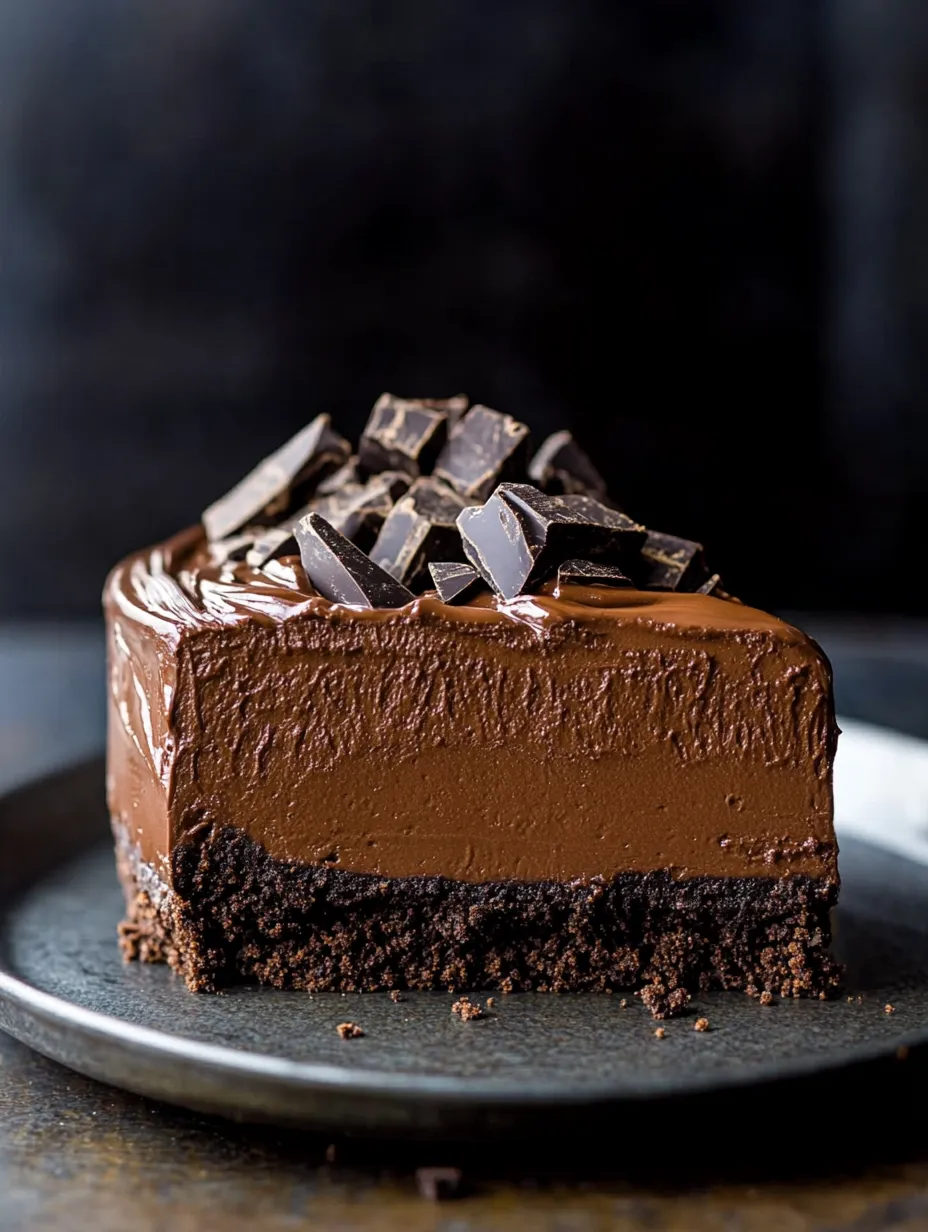 A slice of chocolate cake with chocolate chips on top.