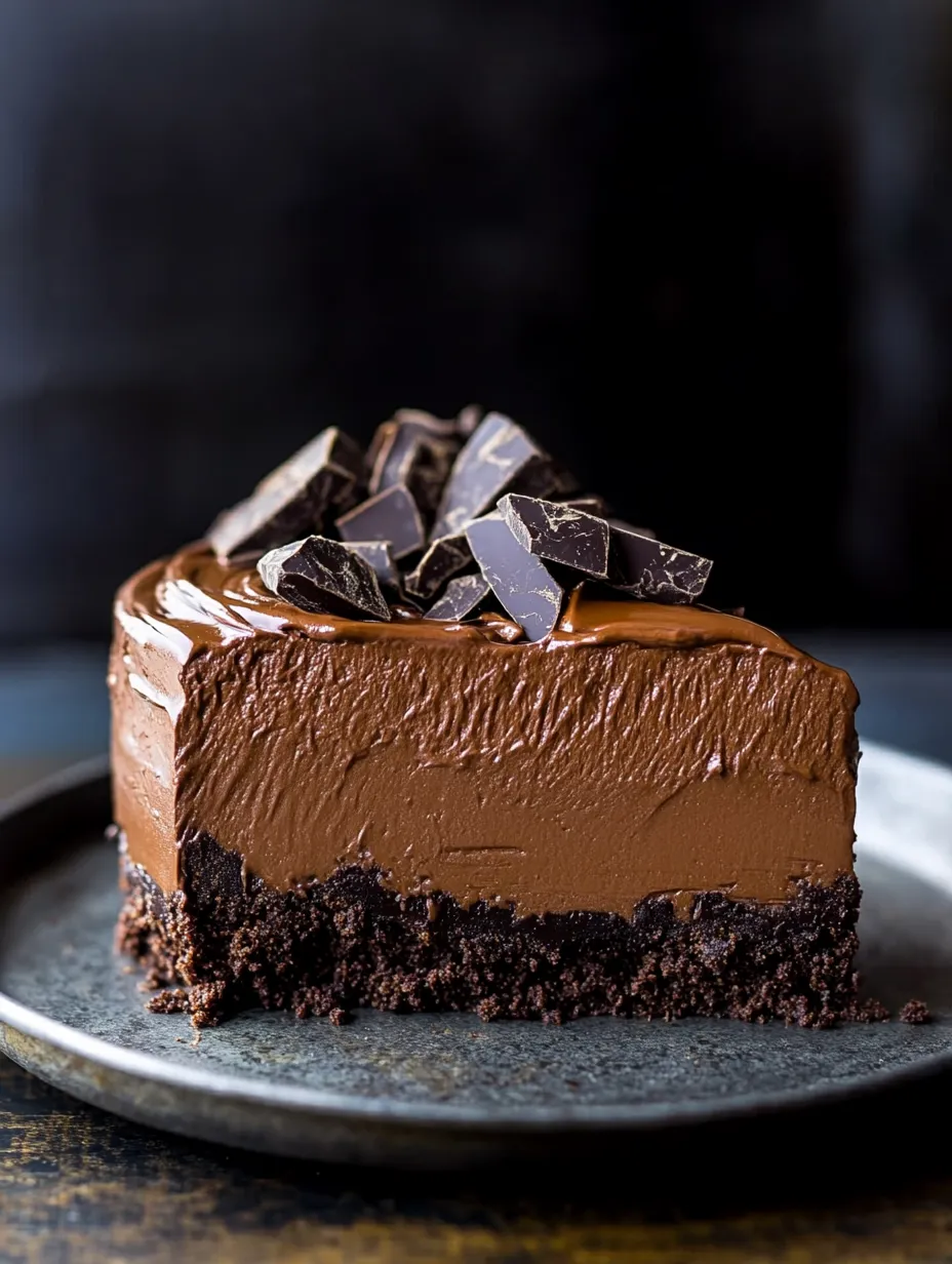 A slice of chocolate cake with chocolate chips on top.