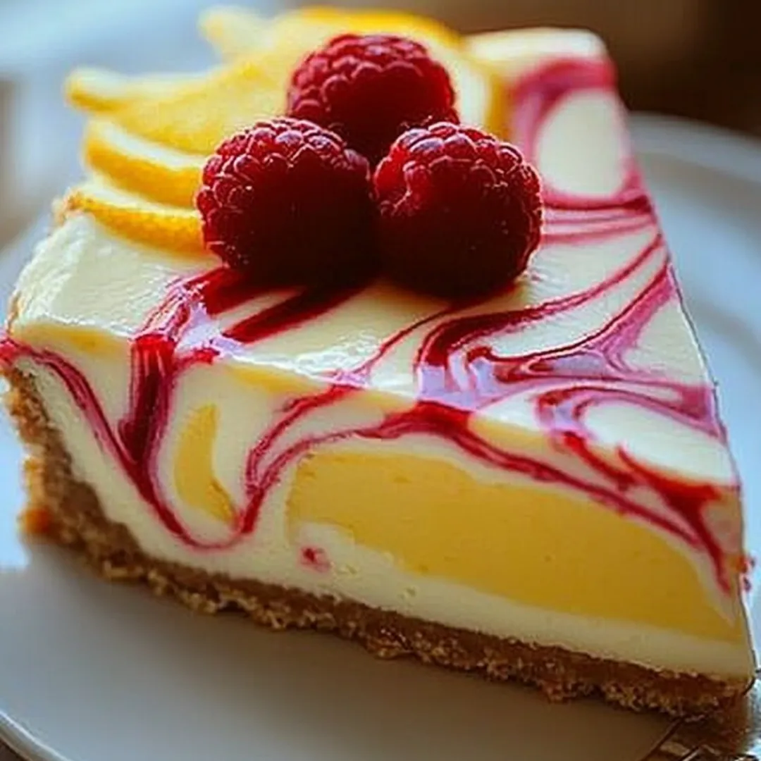 A slice of cake with raspberries on top.