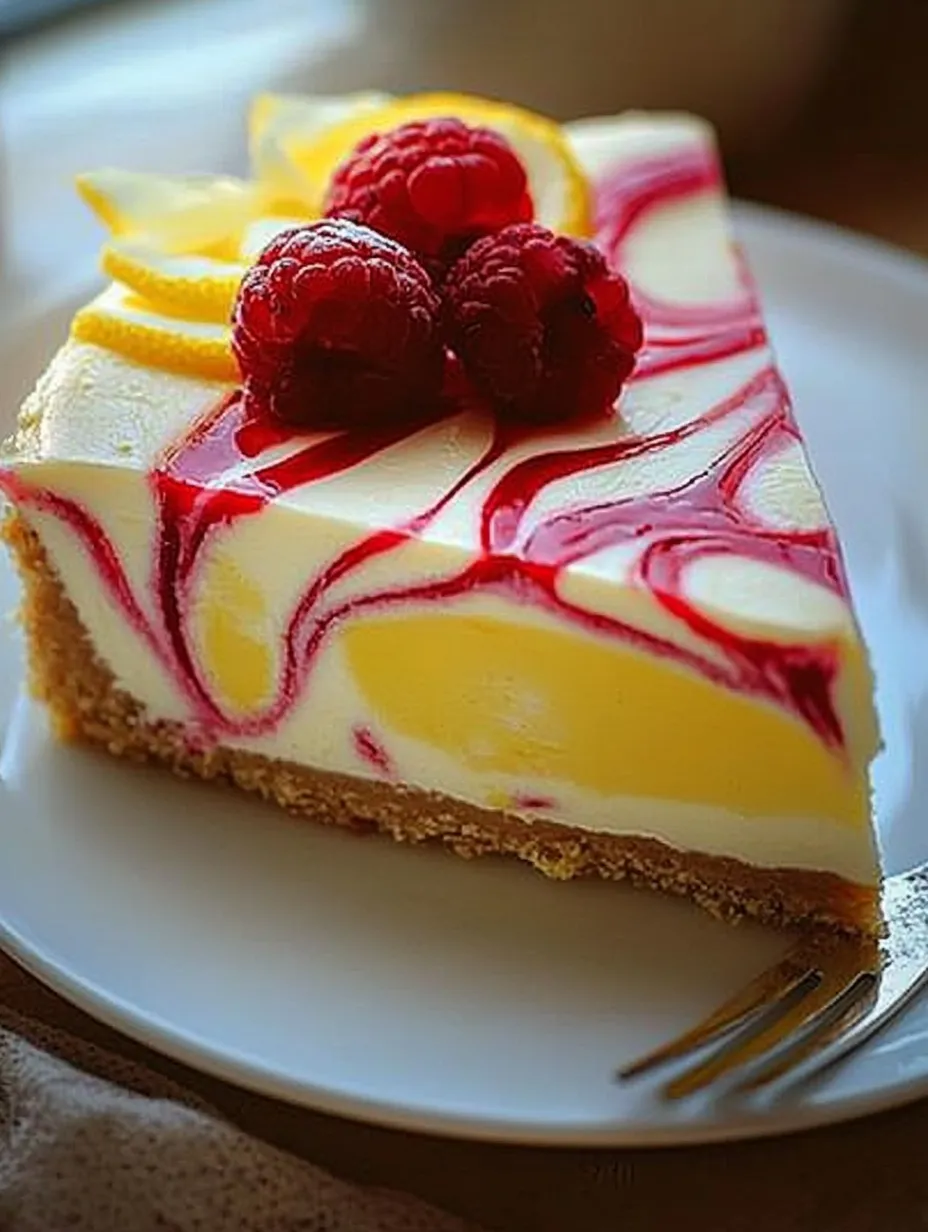 A slice of cake with raspberries on top.