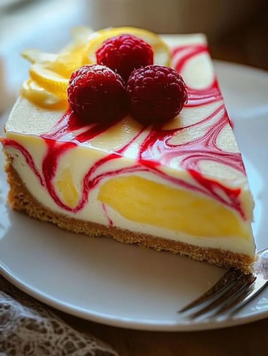 A slice of cheesecake with raspberries on top.