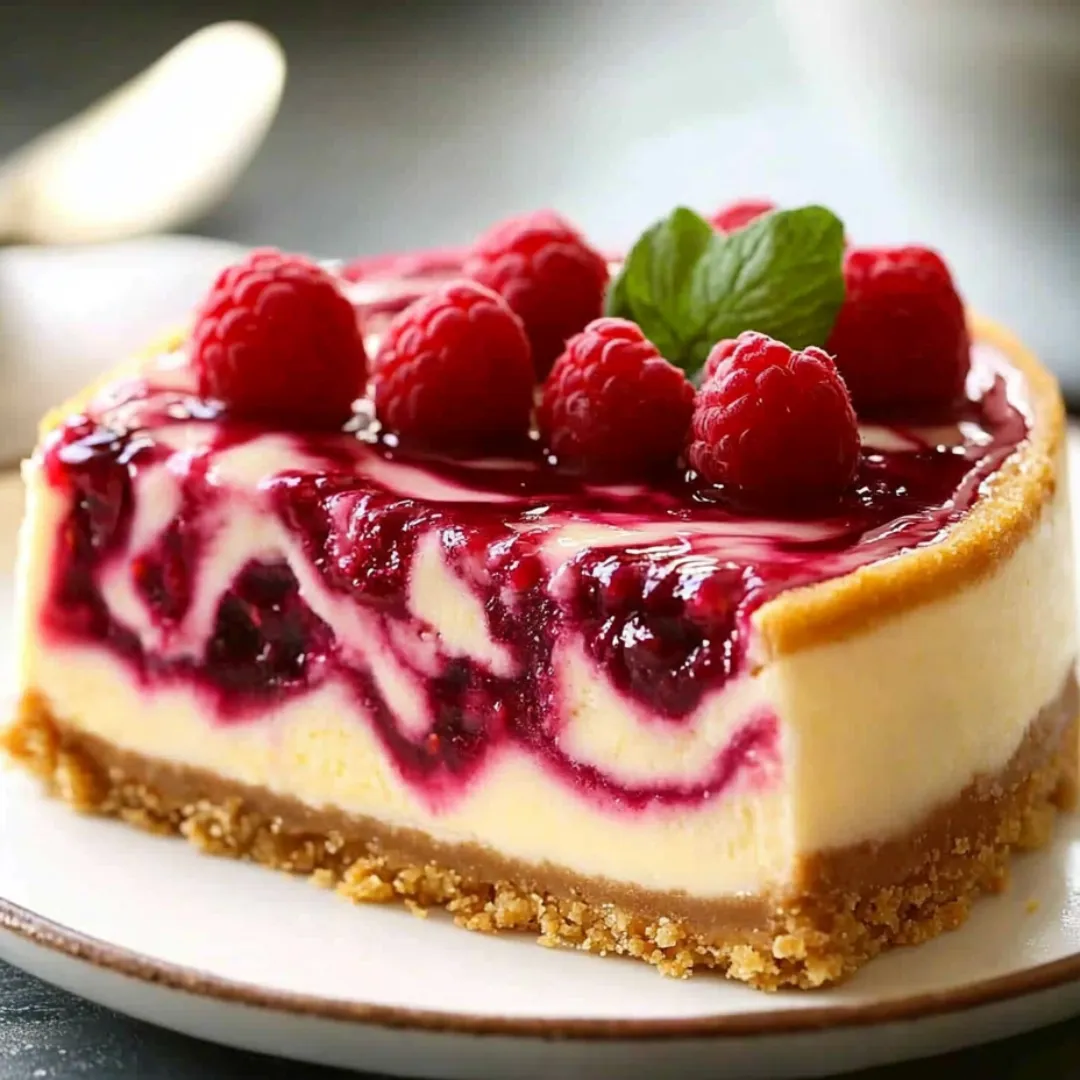 A slice of cheesecake with raspberries on top.