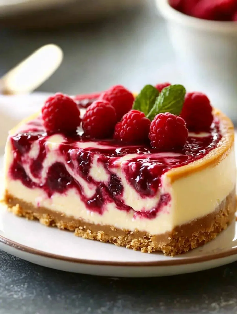 A slice of cheesecake with raspberries on top.