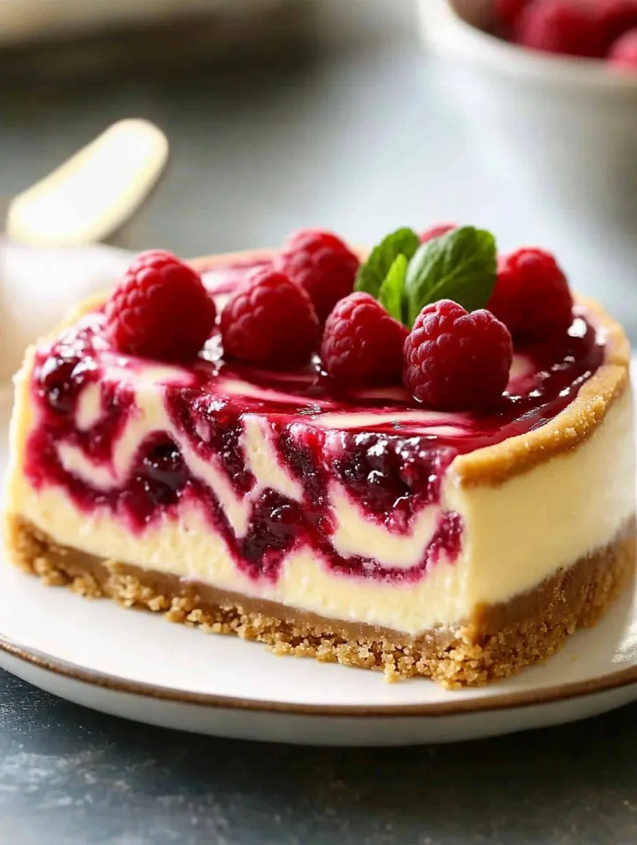 A slice of cheesecake with raspberries on top.