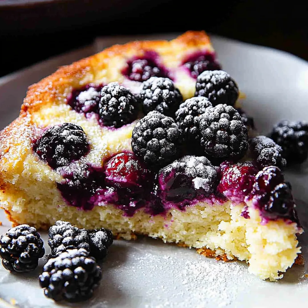 A slice of blueberry cake with powdered sugar on a plate.