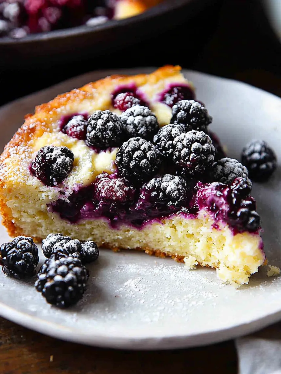 A slice of blueberry cake with powdered sugar on a white plate.