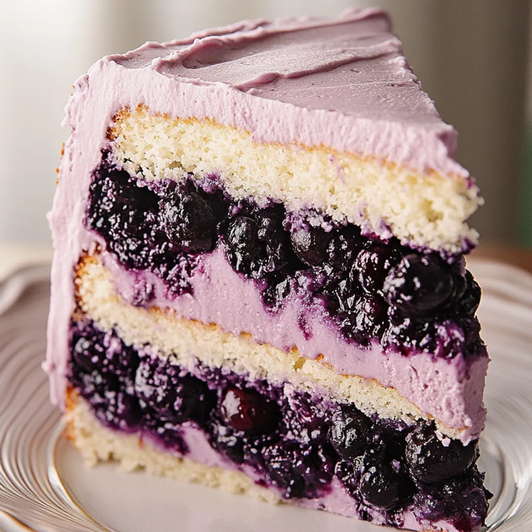 A slice of blueberry cake on a plate.