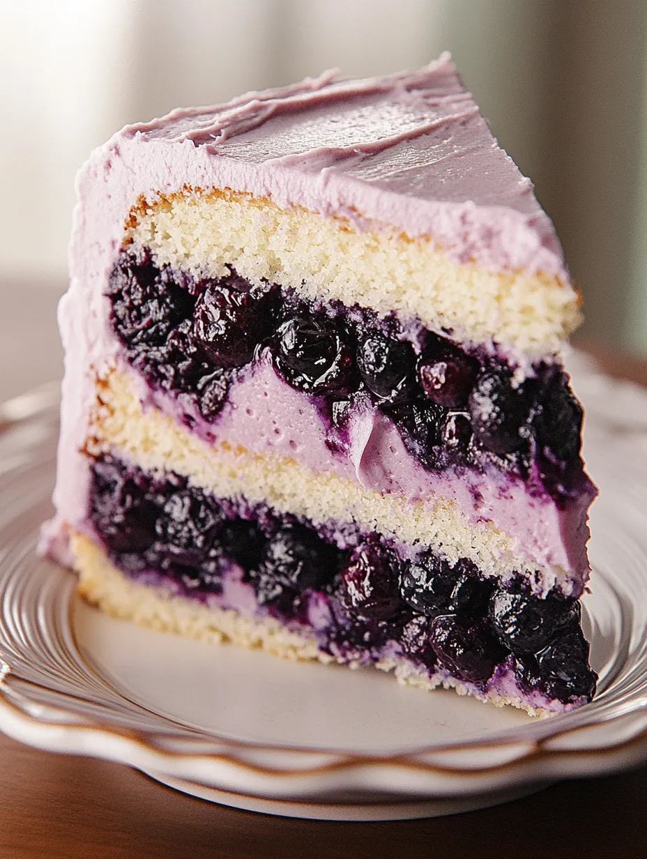 A slice of blueberry cake on a plate.