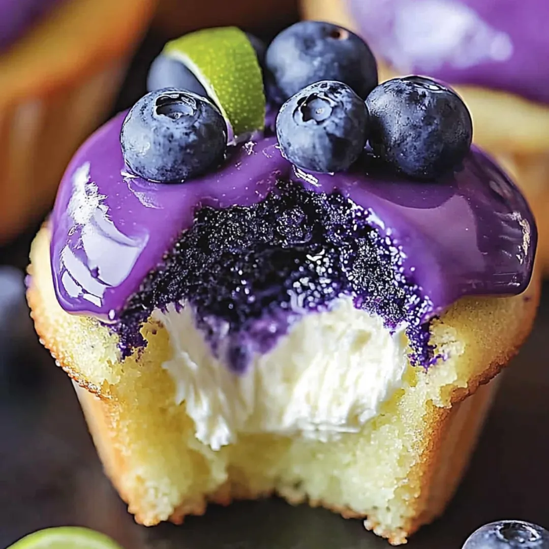 A cupcake with blueberries and cream on top.