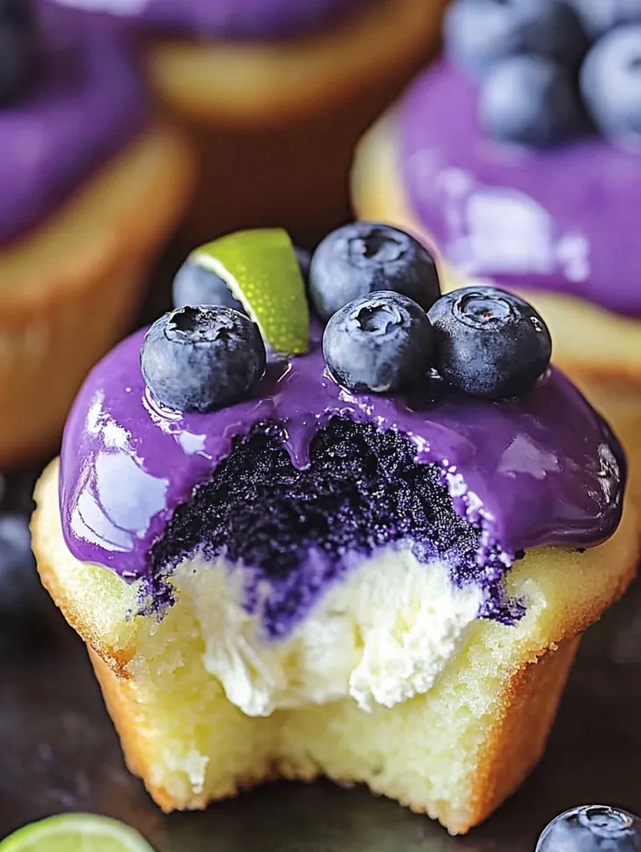 A cupcake with blueberries and a lime wedge on top.