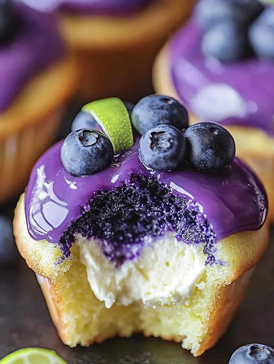 A cupcake with blueberries and a lime wedge on top.