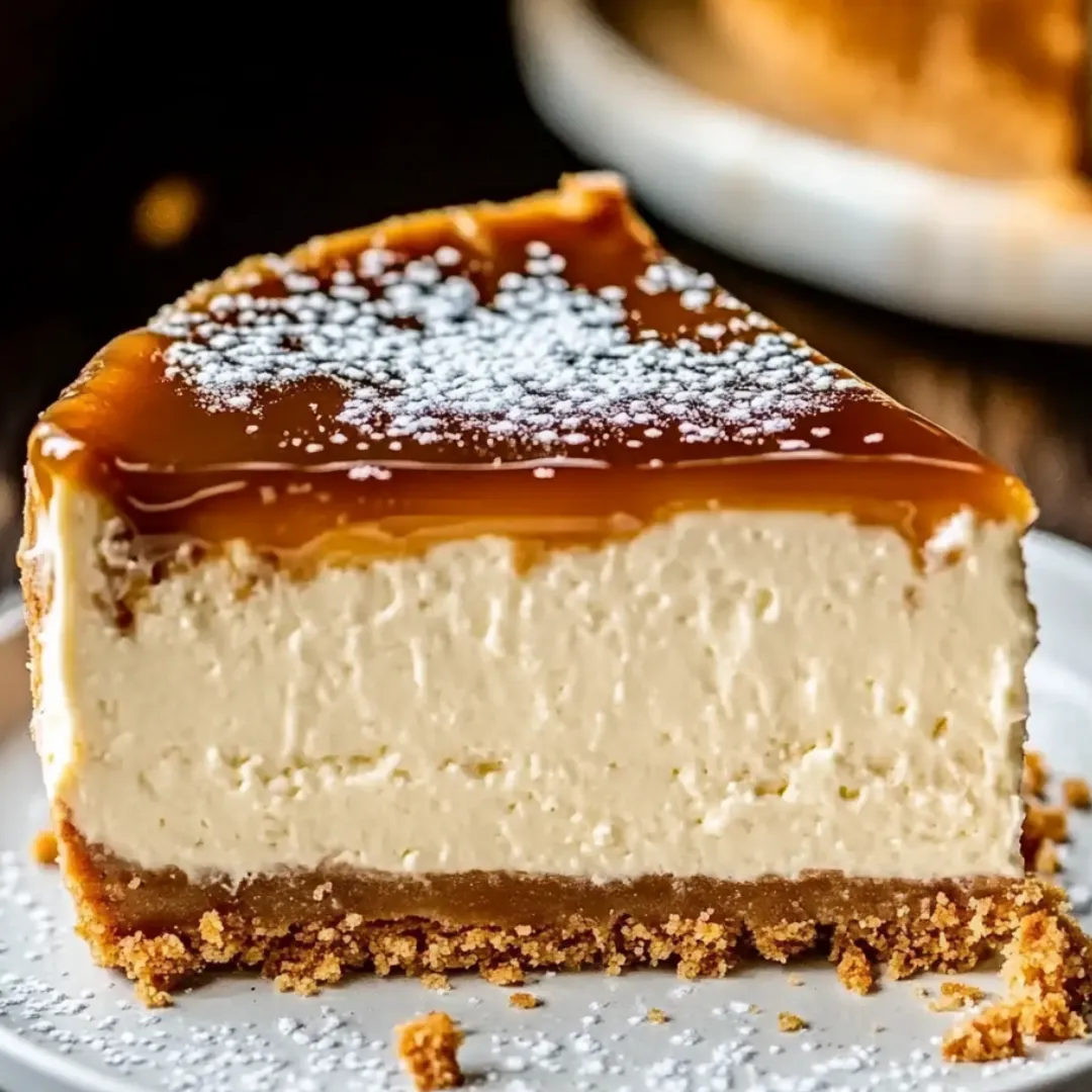 A slice of cheesecake with caramel drizzle on a white plate.