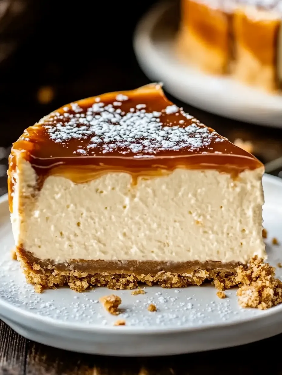 A slice of cheesecake with caramel drizzle on a white plate.