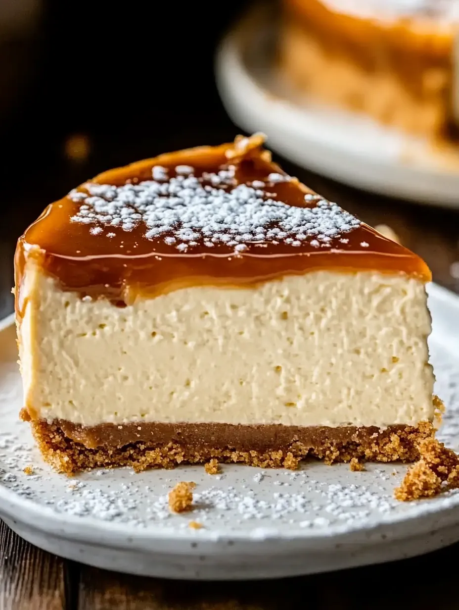 A slice of cheesecake with caramel sauce on a plate.