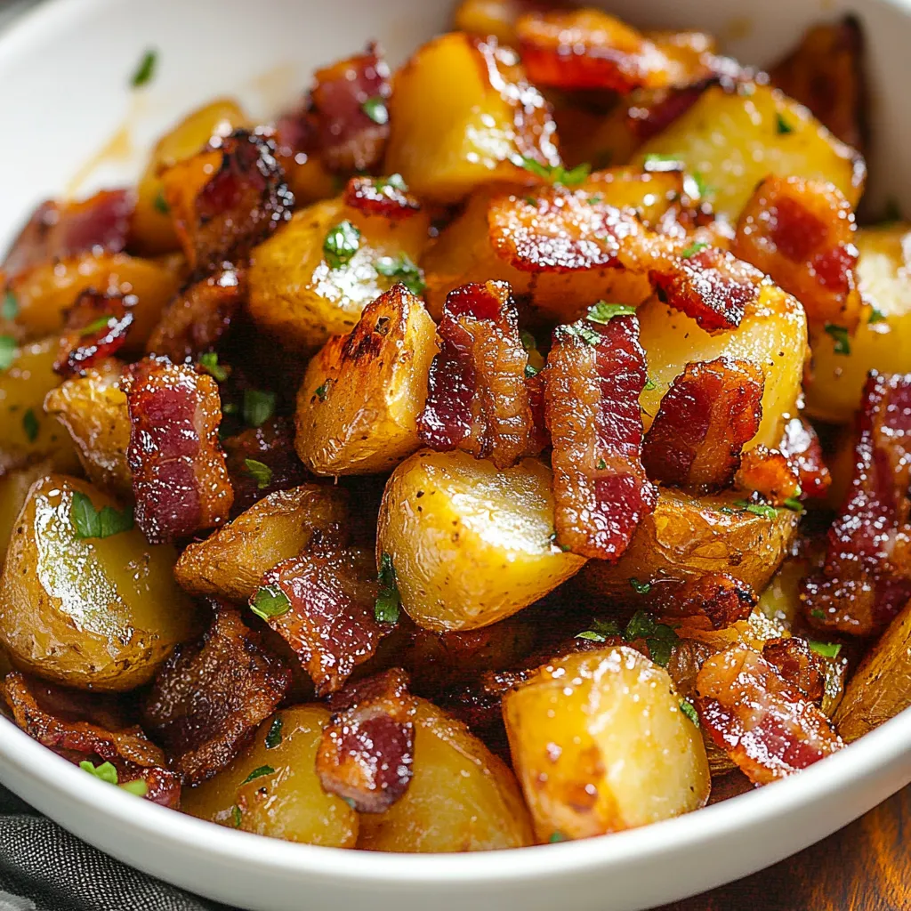 A white bowl filled with bacon and potatoes.