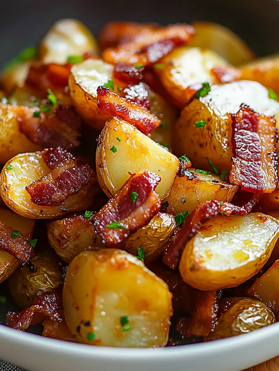 A close up of a plate of food with bacon and potatoes.