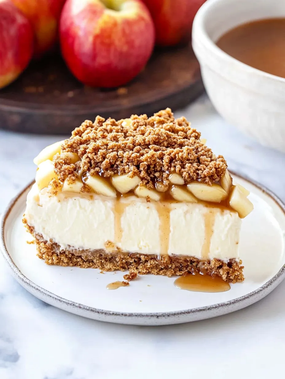 A slice of apple pie with caramel sauce on a plate.