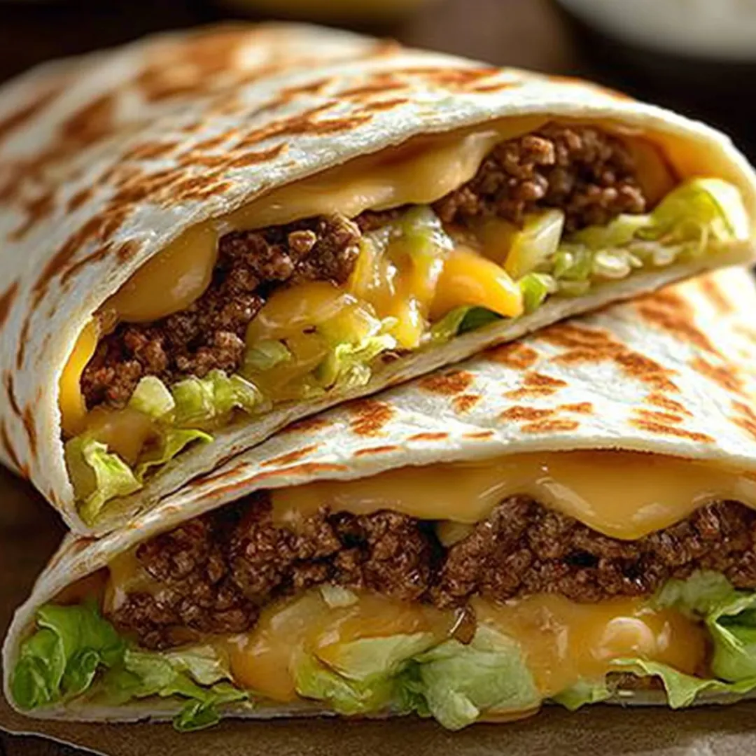 A burrito with cheese and lettuce is shown in a close-up shot.