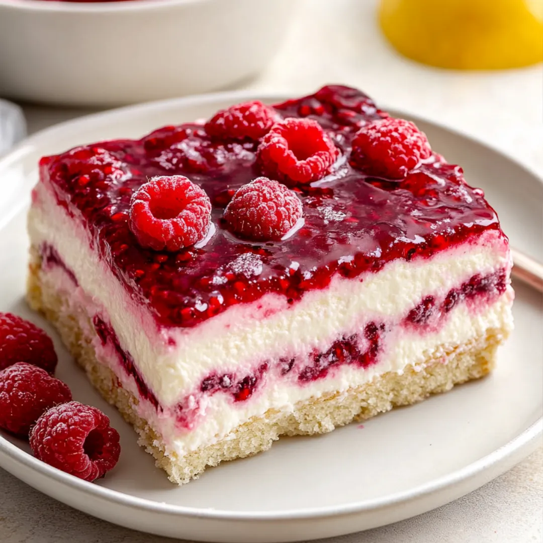 A slice of cake with raspberries on top.