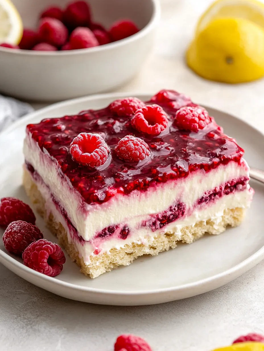 A slice of strawberry cheesecake with raspberries on top.