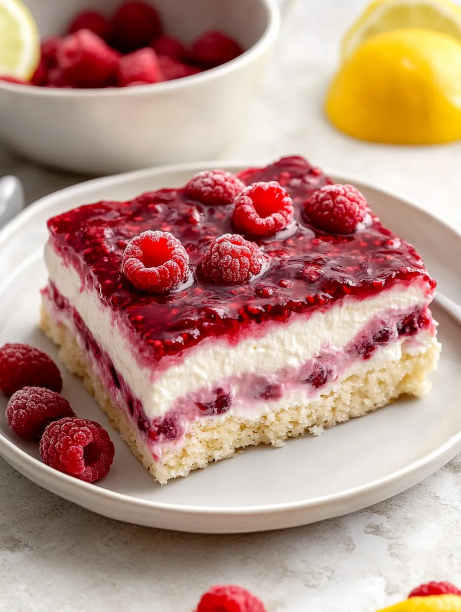 A slice of cake with raspberries on top.