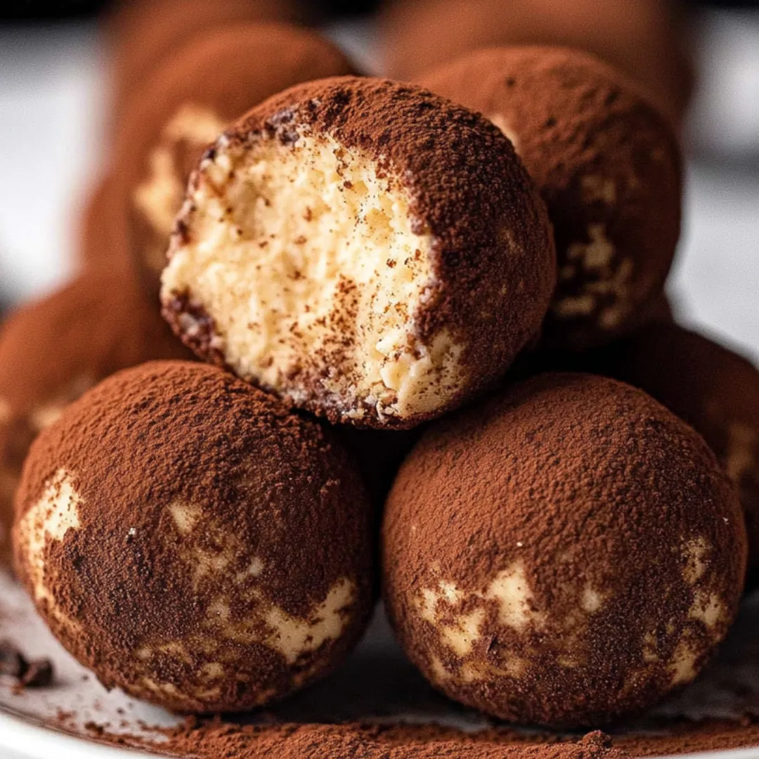 Chocolate balls with cream filling on a plate.