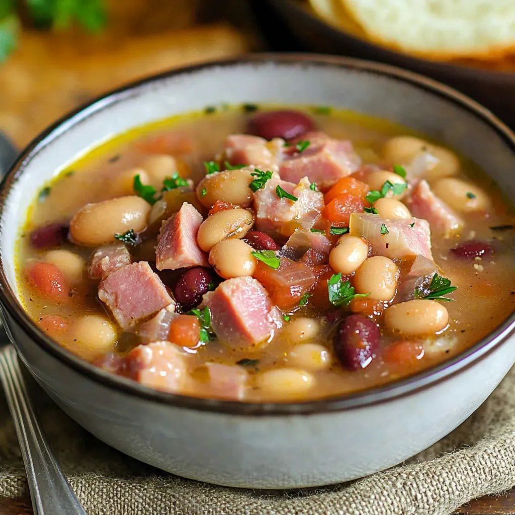 A bowl of soup with meat and beans.