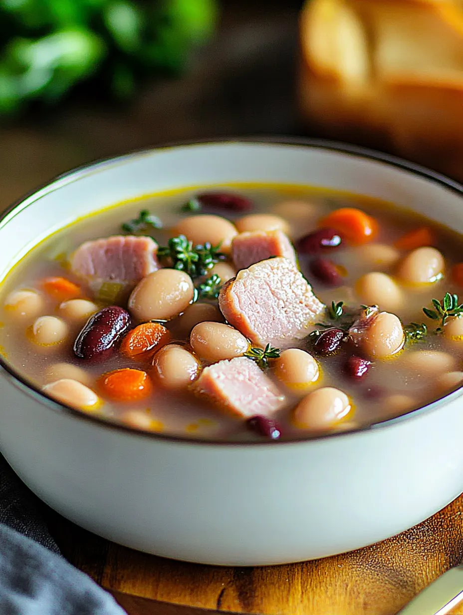 A bowl of soup with meat and beans.