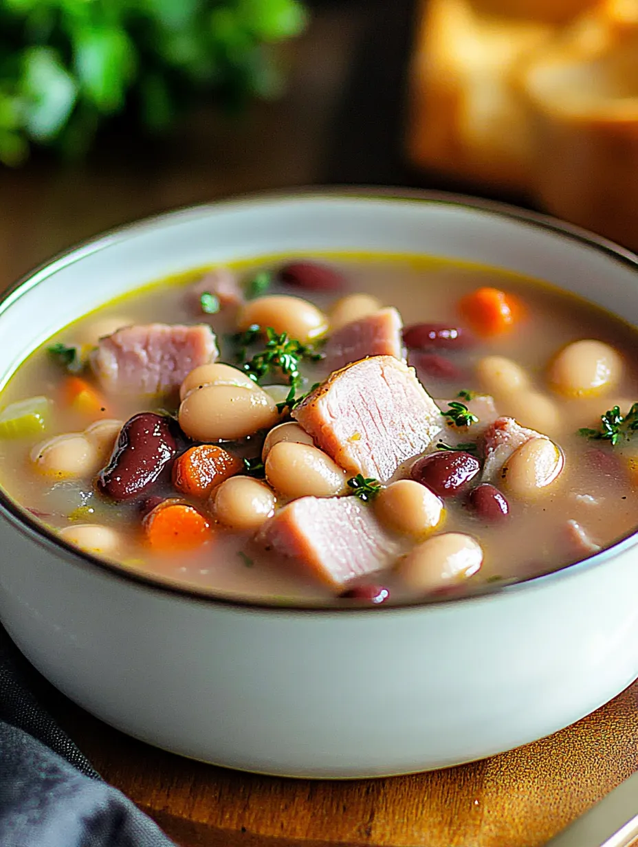 A bowl of soup with meat and beans.