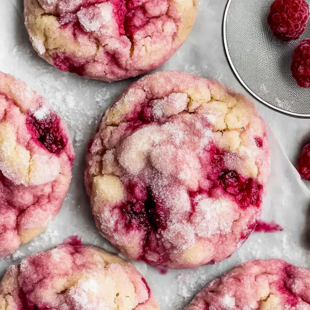 A plate of cookies with raspberry jam and powdered sugar.