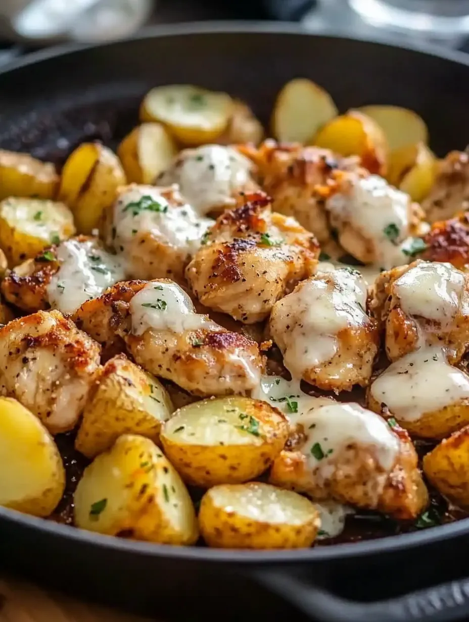 A delicious meal of chicken and potatoes in a black bowl.