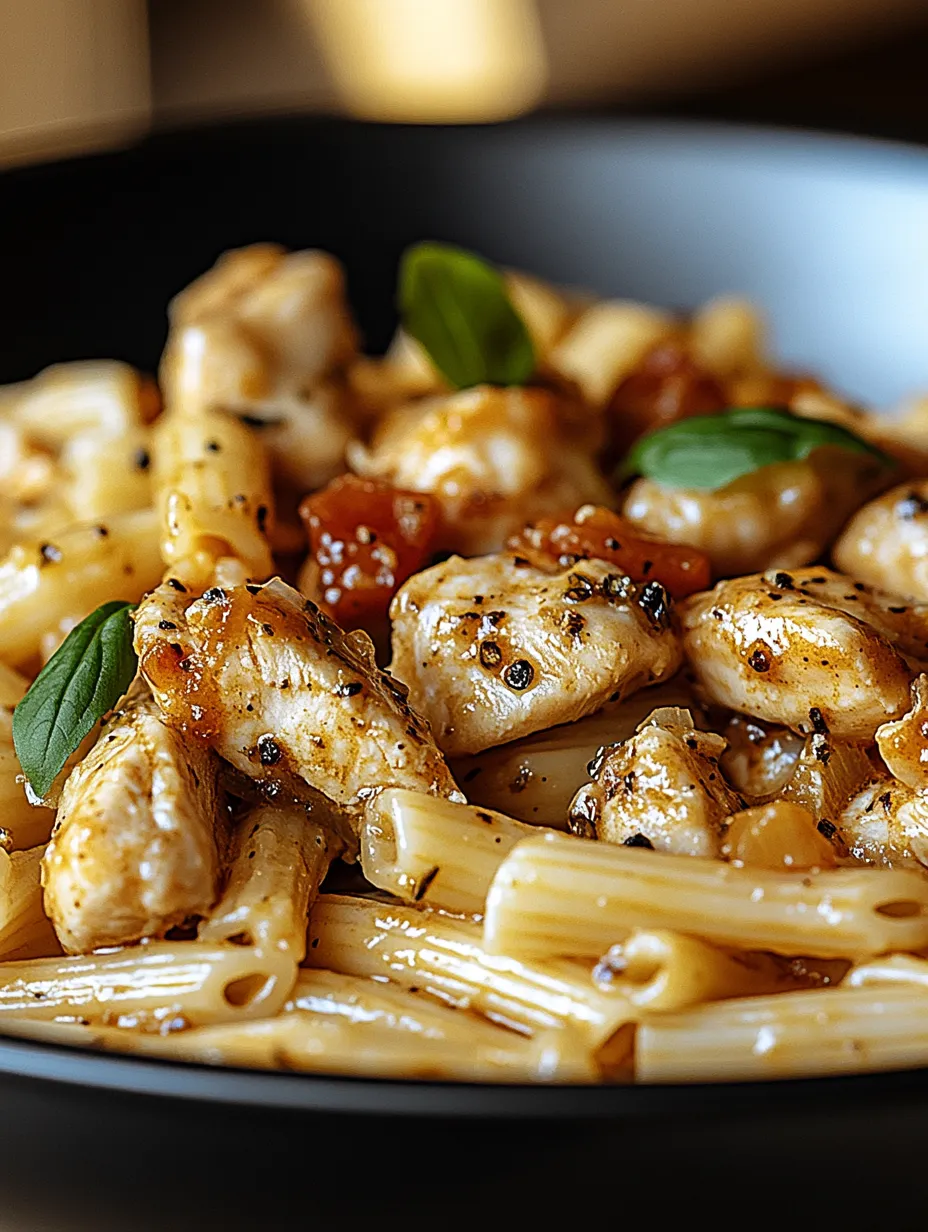 A bowl of pasta with chicken and vegetables.