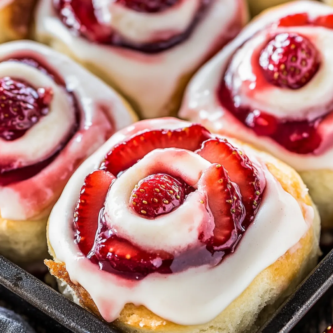 A plate of strawberry rolls with white icing.