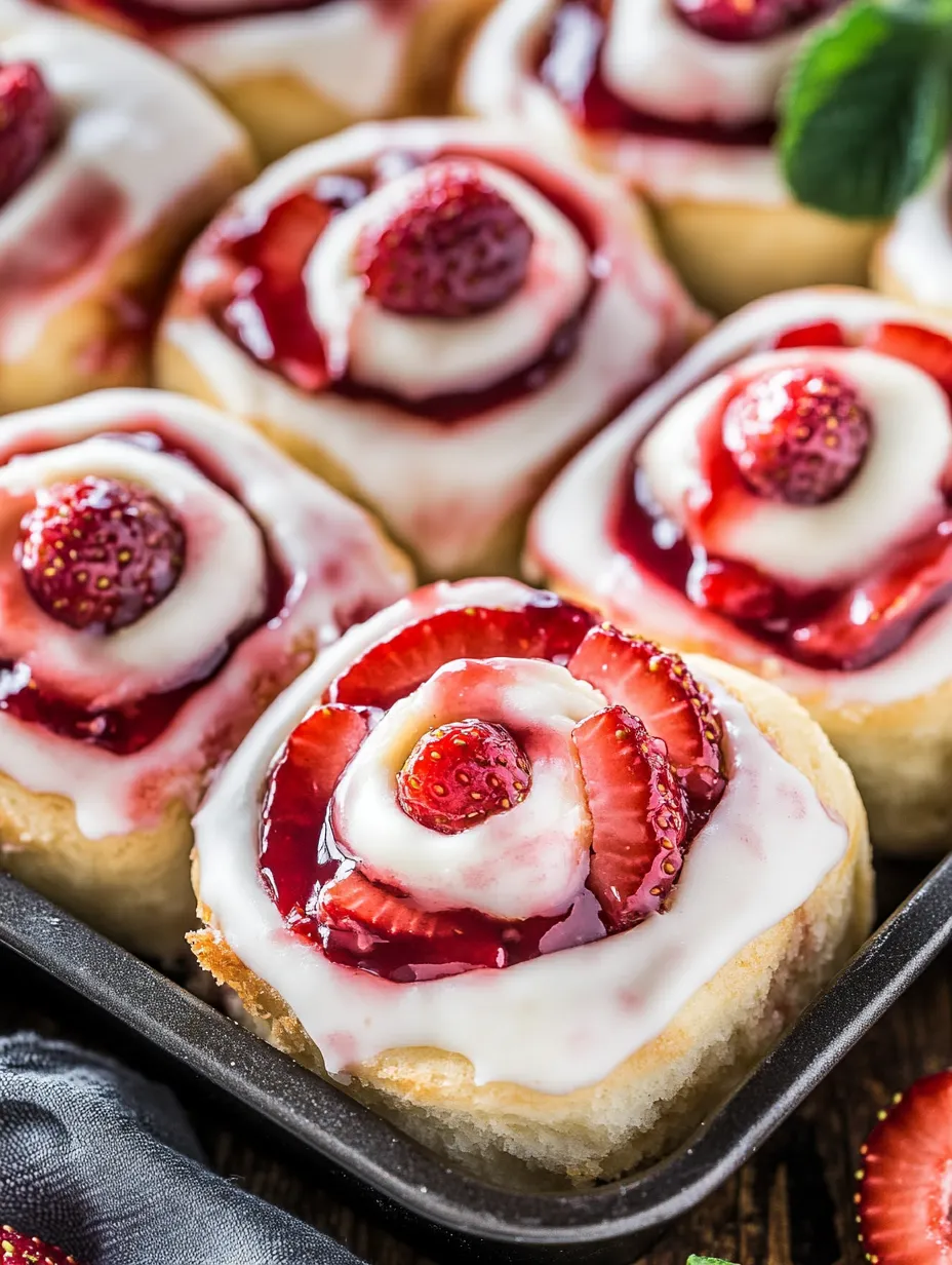 A plate of strawberry rolls with white frosting and red strawberries.