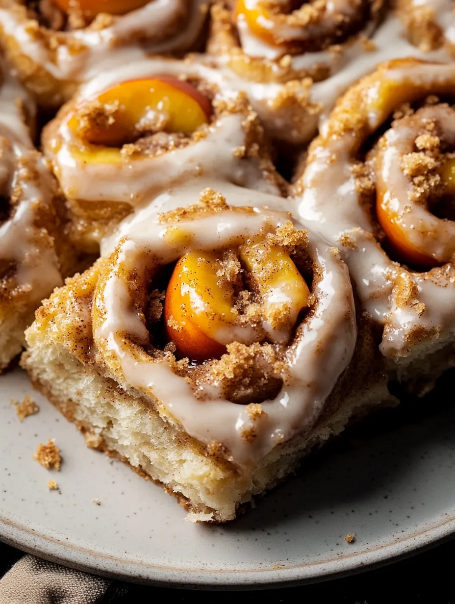 A plate of cinnamon rolls with peaches on top.