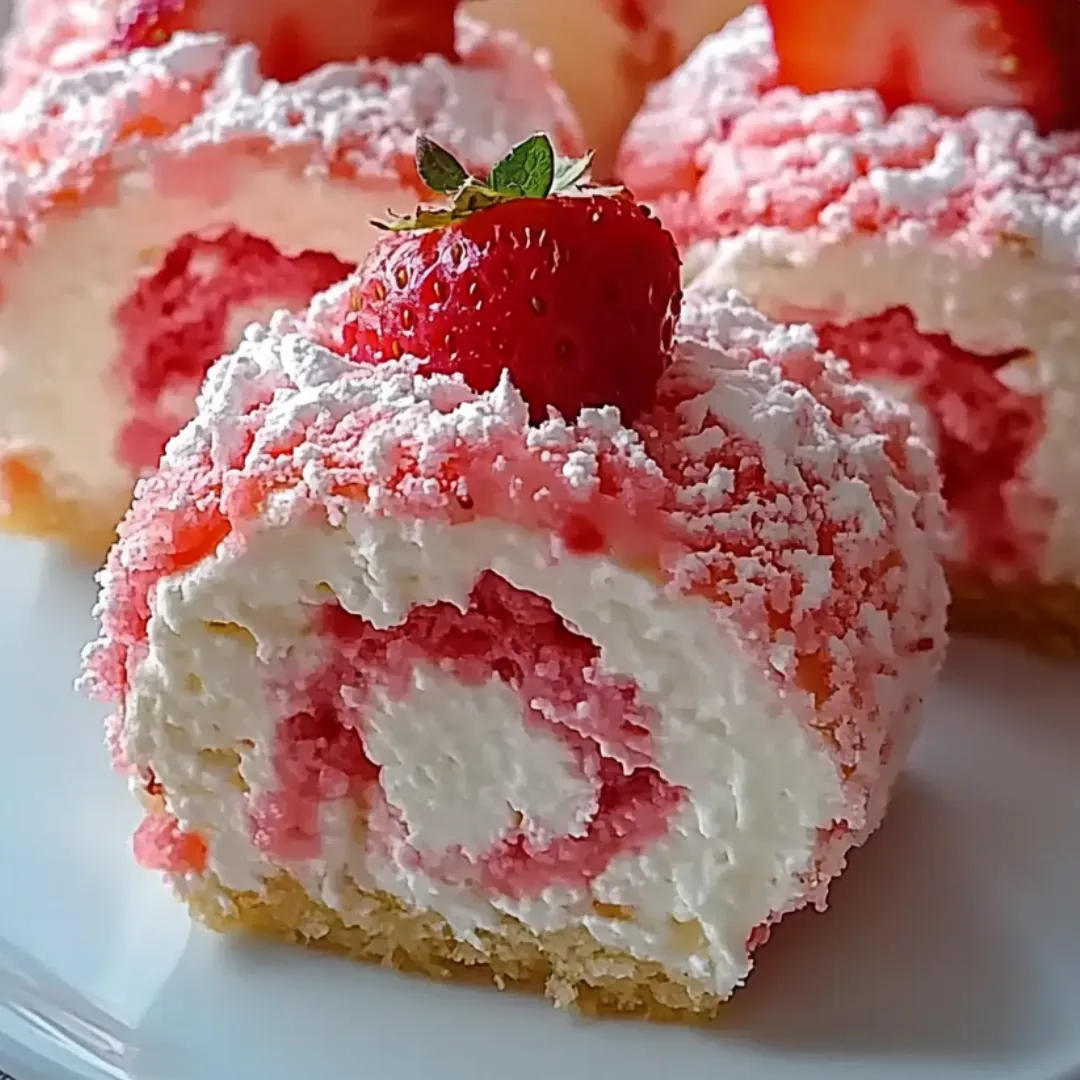 A plate with a cake and a strawberry on top.