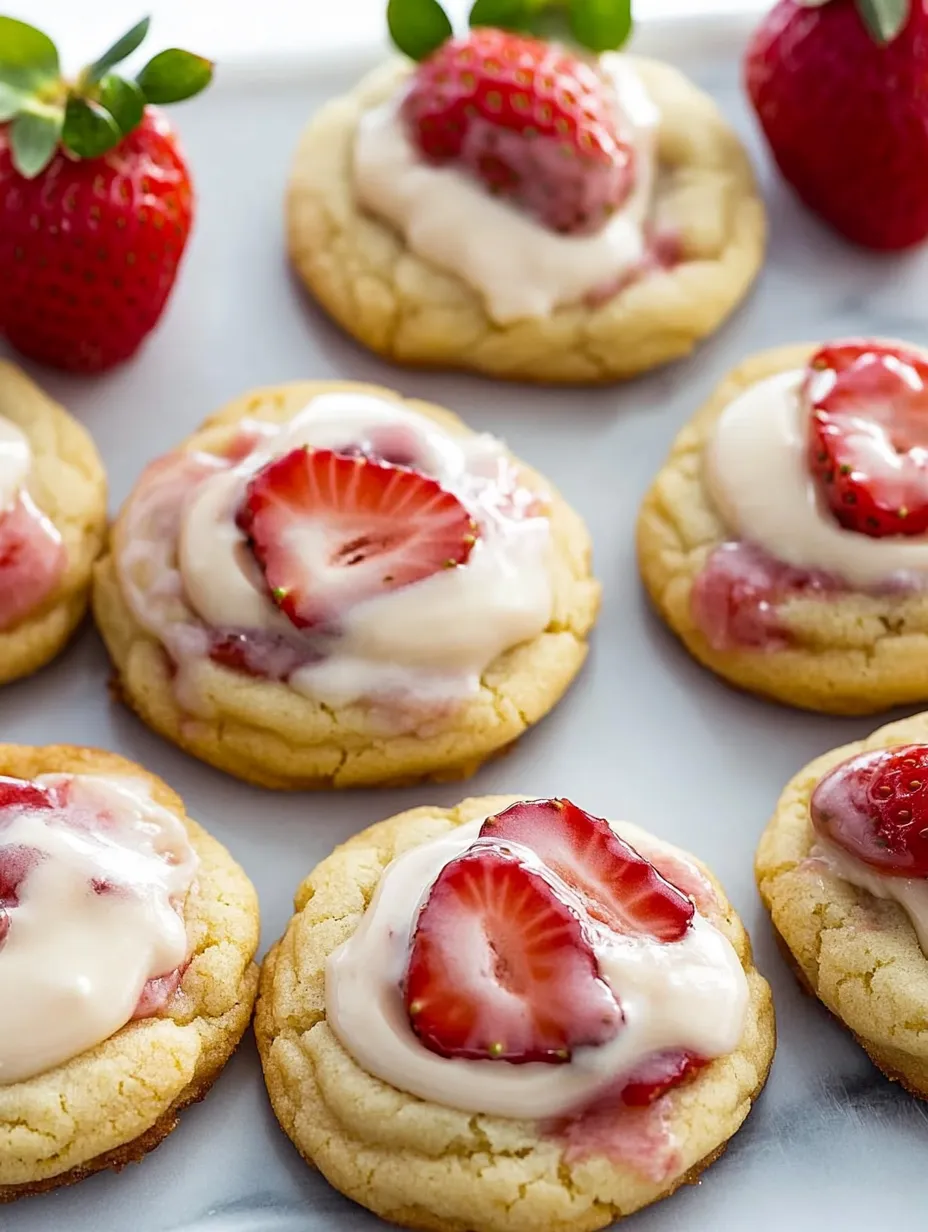 A plate of cookies with strawberries on top.