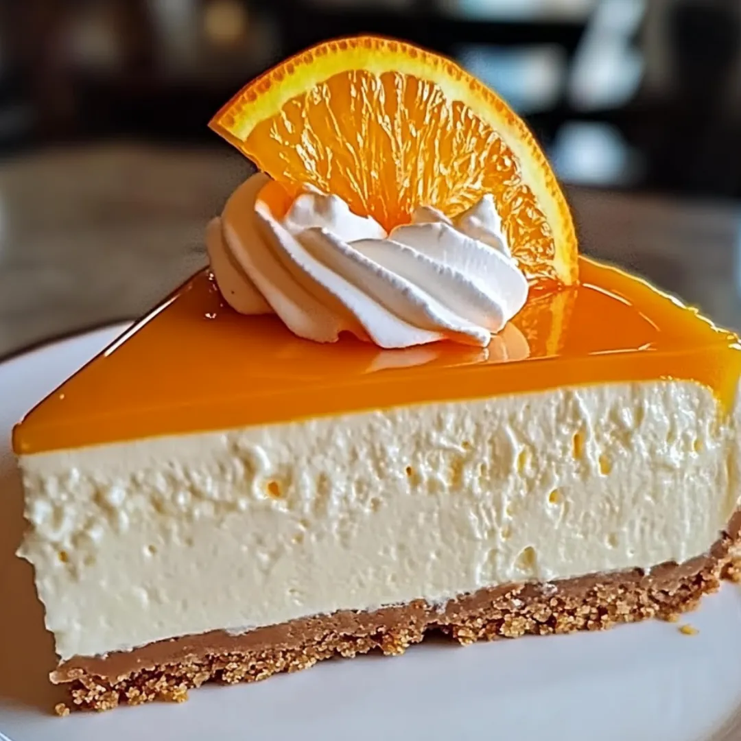 A slice of orange cheesecake with a white whipped cream topping.