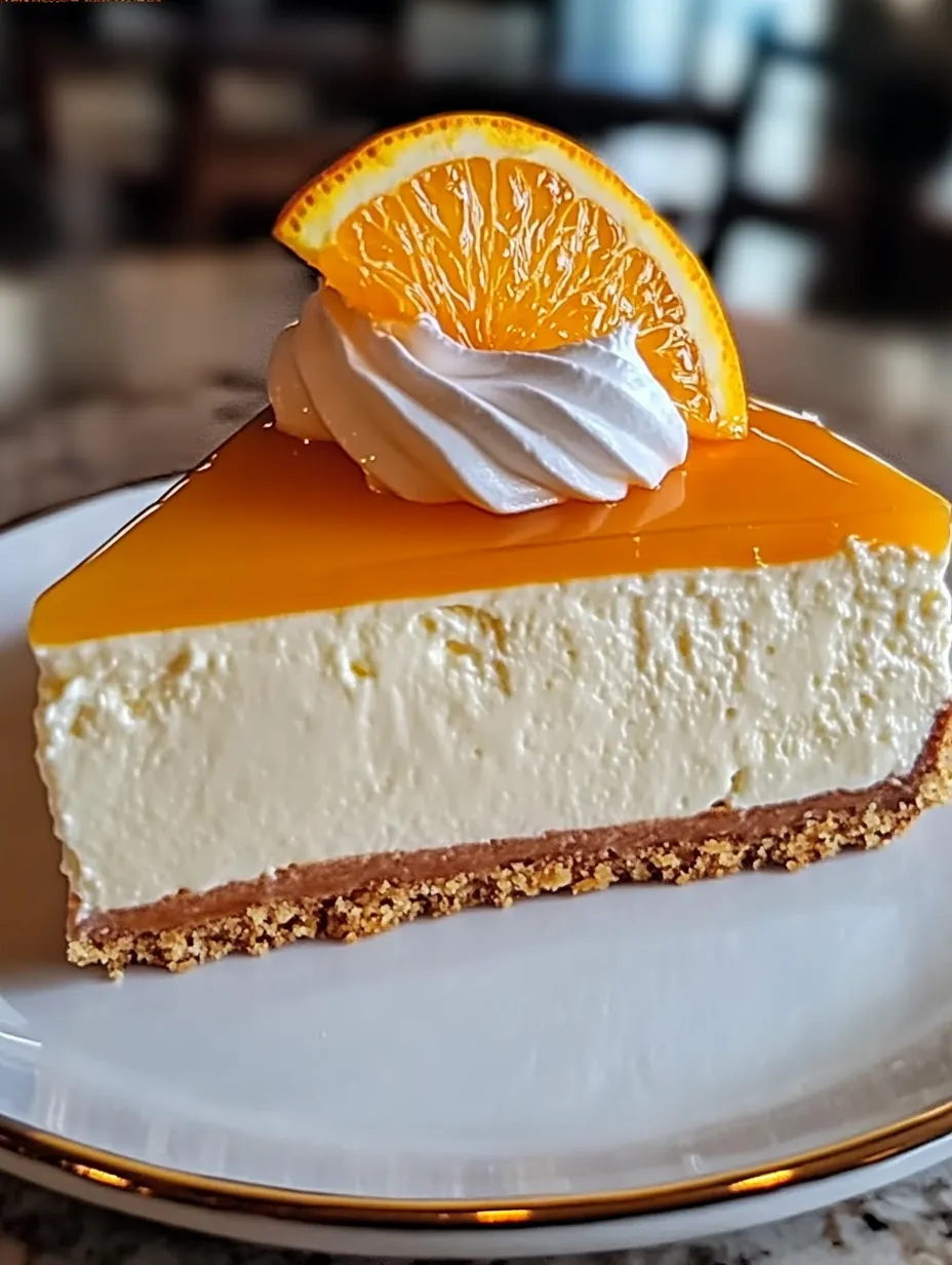 A slice of cheesecake with a white whipped cream topping and an orange slice on top.