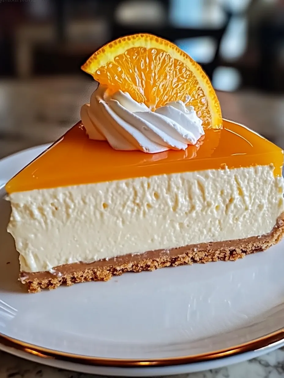 A slice of orange cheesecake with a white whipped cream topping.