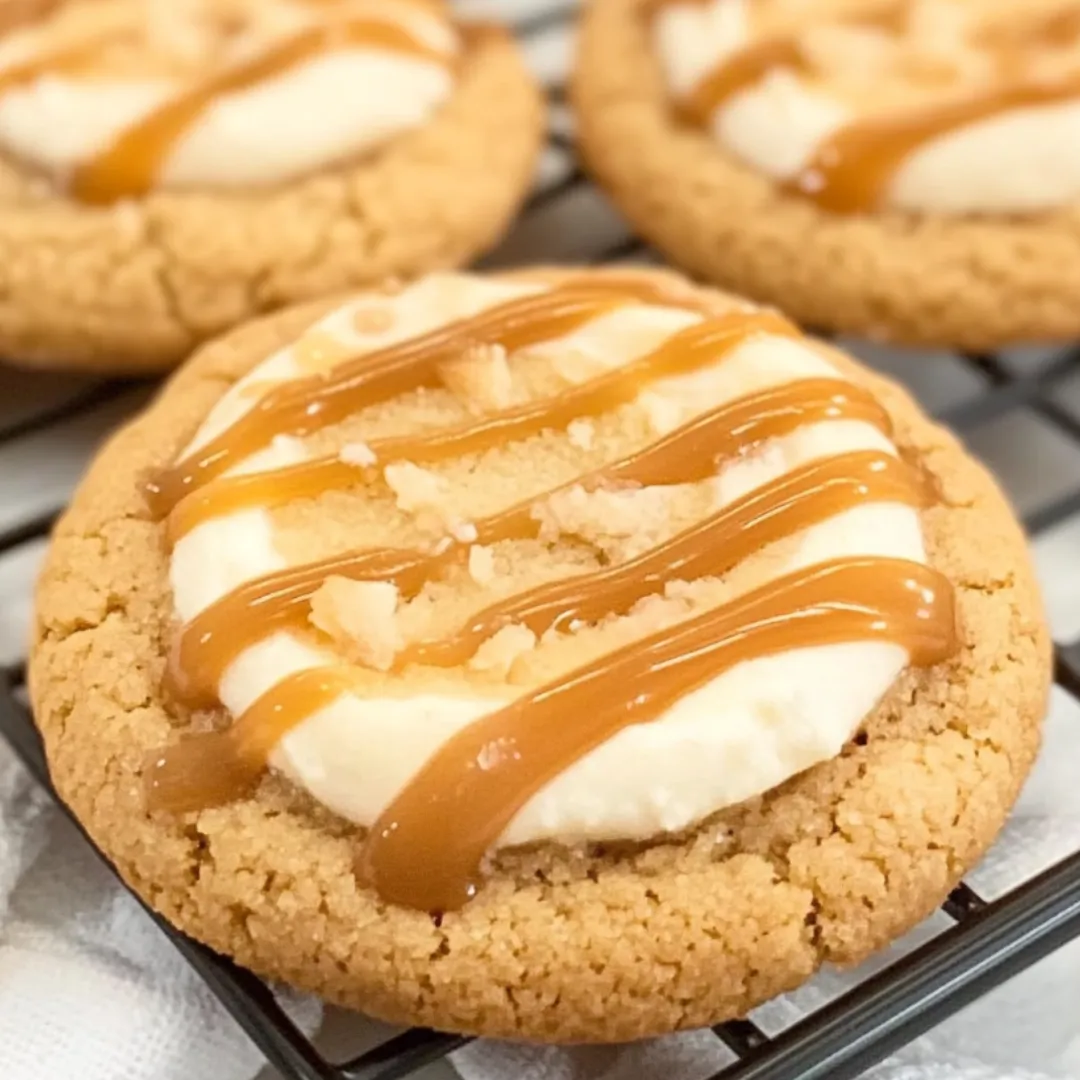 A delicious cookie with caramel sauce on top.