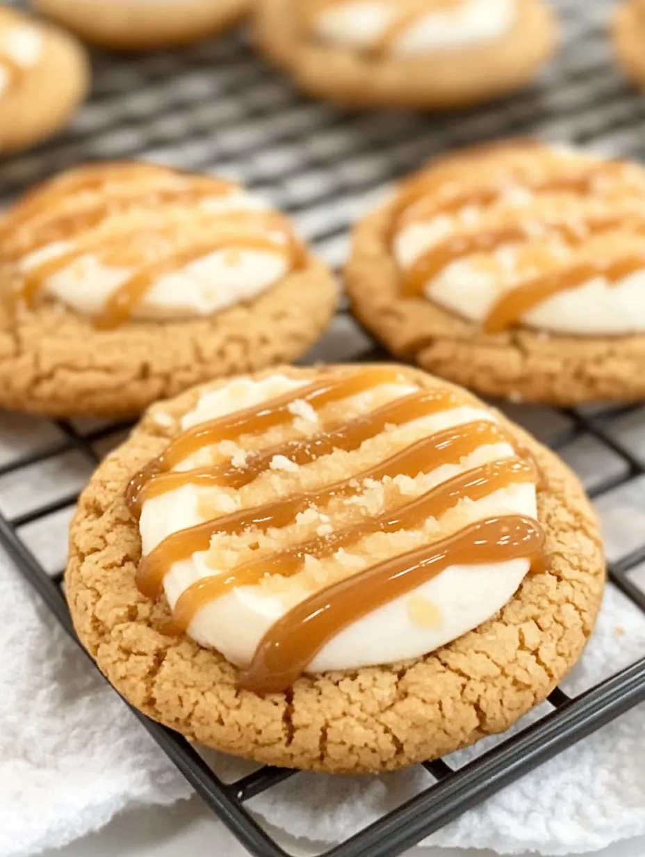 A close-up of a delicious cookie with caramel drizzle.