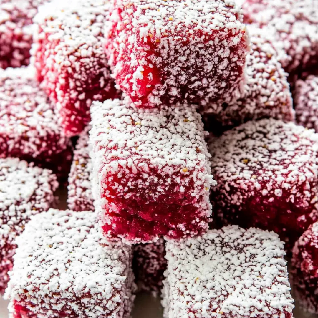 A pile of red and white frosted cake cubes.