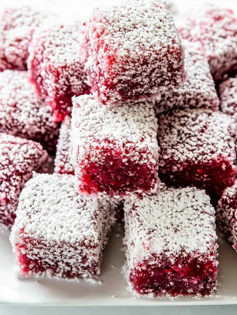 A plate full of red and white desserts.