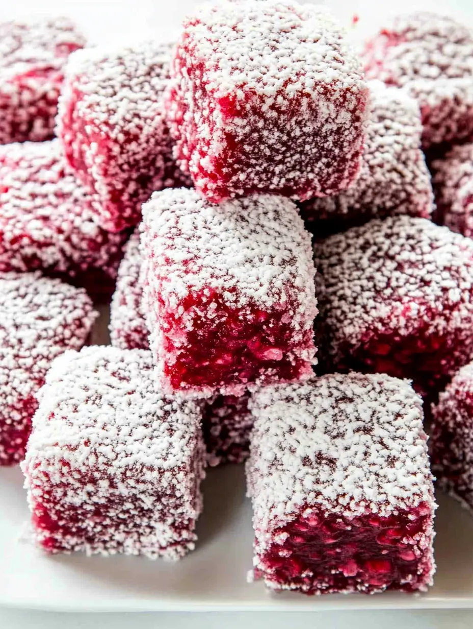 A pile of red and white frosted cake cubes.