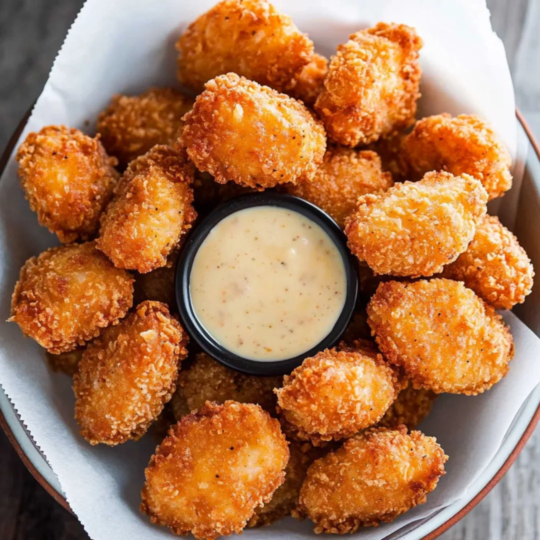 A bowl of fried food with a dipping sauce in the middle.