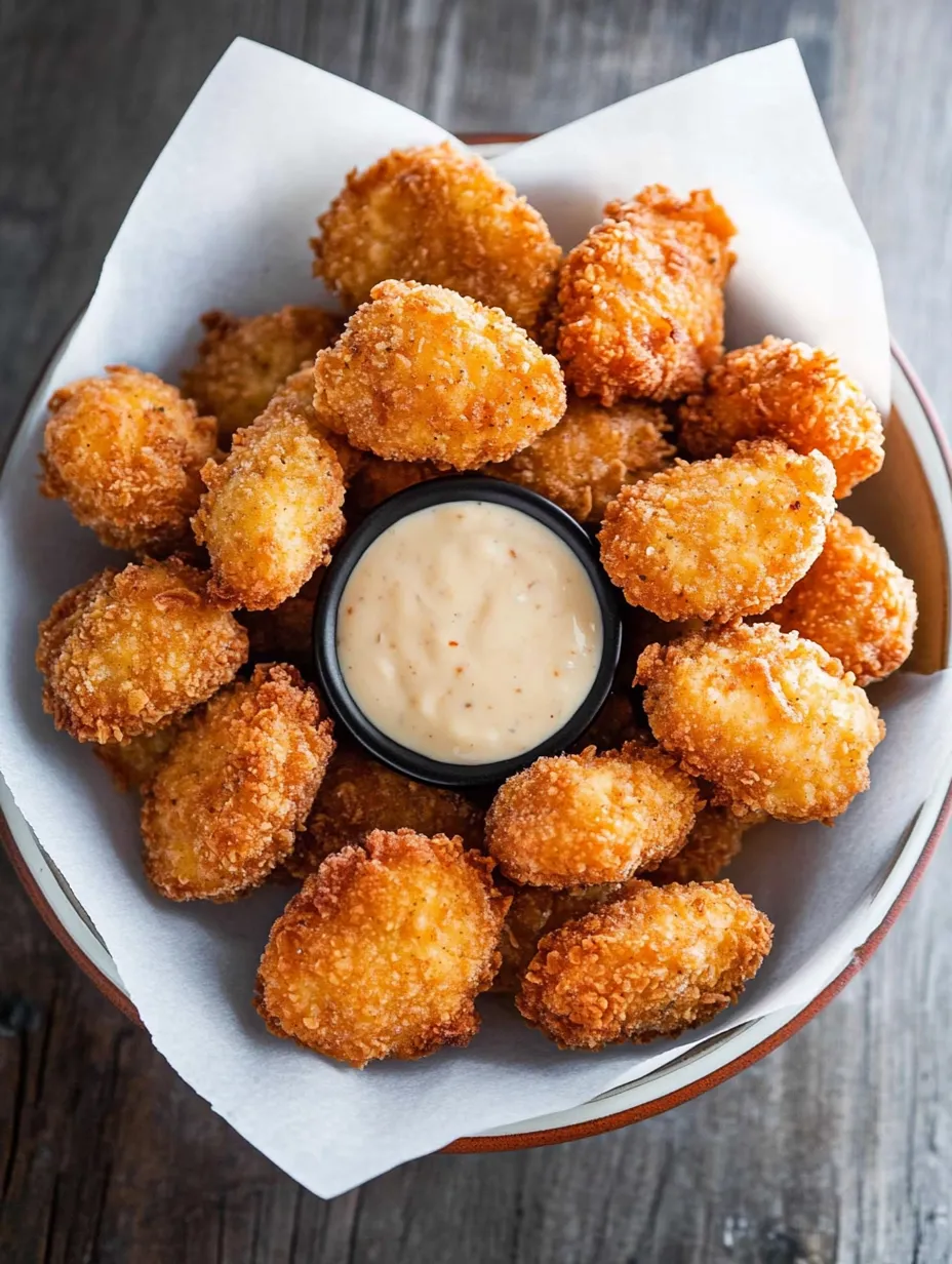 A bowl of fried food with a dipping sauce.