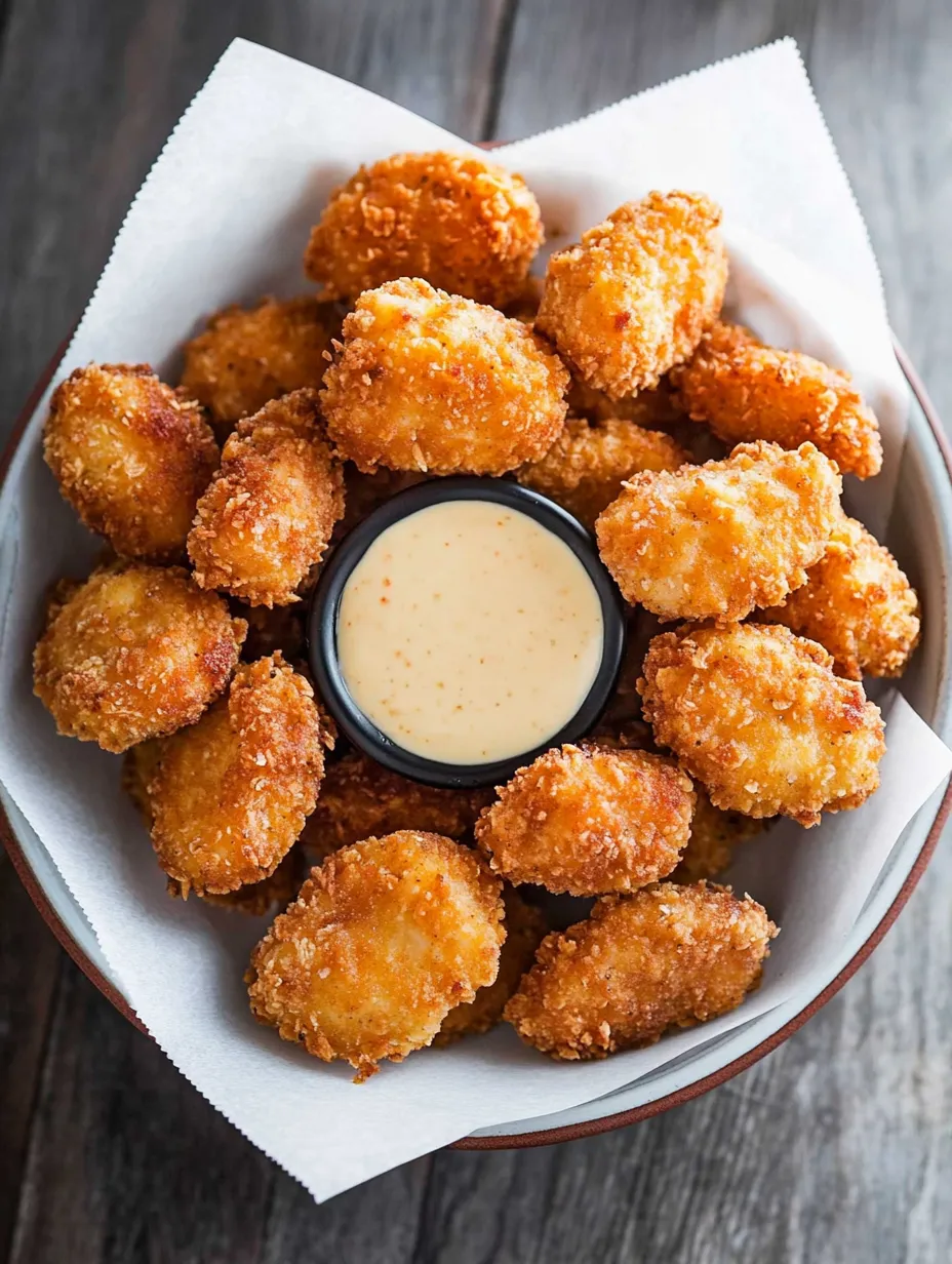 A bowl of fried food with a dipping sauce in the middle.