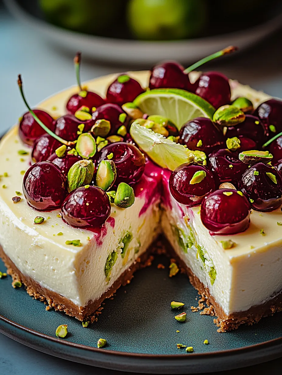 A slice of cake with cherries and pistachios on top.